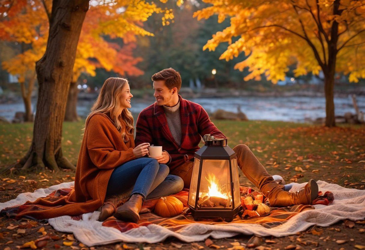 A warm, inviting scene depicting a couple sitting by a crackling bonfire surrounded by colorful autumn leaves, wrapped in a cozy blanket and sharing hot chocolate. Lanterns glowing softly in the background, with hints of golden sunsets peeking through the trees, creating an atmosphere of romance and connection. The couple should appear happy and engaged in conversation, portraying the essence of cozy fall dates. vibrant colors. super-realistic.