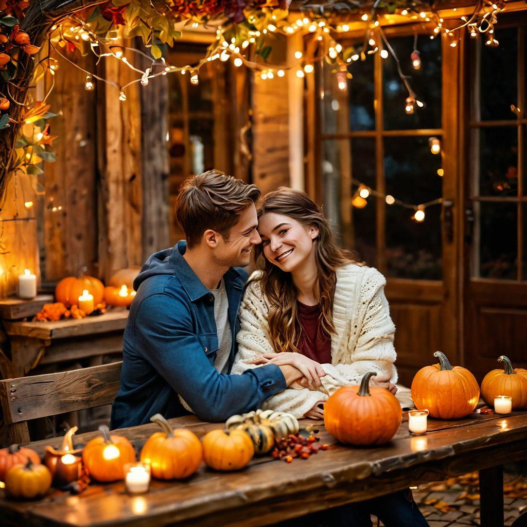 A warm and inviting scene of a couple embracing in a cozy autumn setting, surrounded by vibrant fall leaves, pumpkins, and soft, glowing fairy lights. The background features a rustic wooden table laid out with a shared meal, symbolizing intimacy and connection. The couple is smiling and has an aura of love and comfort around them. The atmosphere blends rich autumnal colors like deep reds, oranges, and browns to evoke warmth and passion. super-realistic. vibrant colors. soft focus.