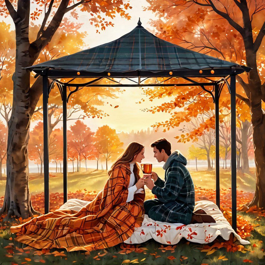 A warm, romantic scene depicting a couple sharing a cozy moment under a canopy of autumn leaves, with a soft sunset in the background highlighting hues of orange and gold. A gently falling leaf softly lands between them, symbolizing change and renewal in relationships. Include elements like a steaming cup of cider and a plaid blanket draped nearby. whimsical illustration. vibrant colors. cozy atmosphere.